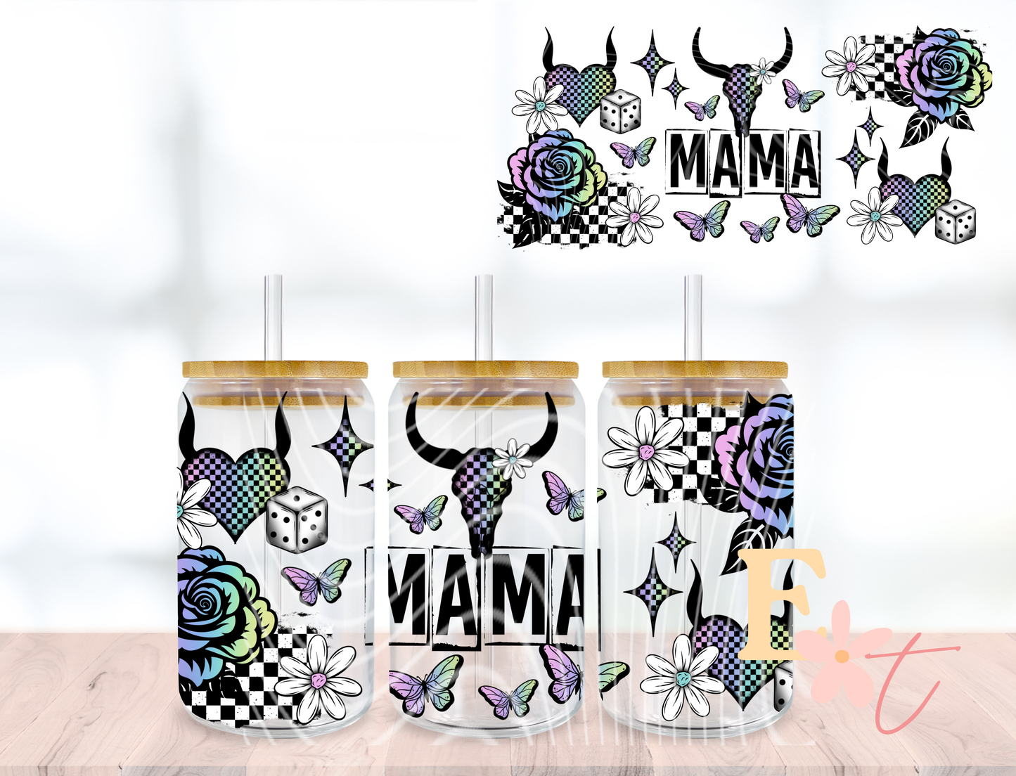 Mama Bull Skull UV DTF wrap for 16oz Libbey glass