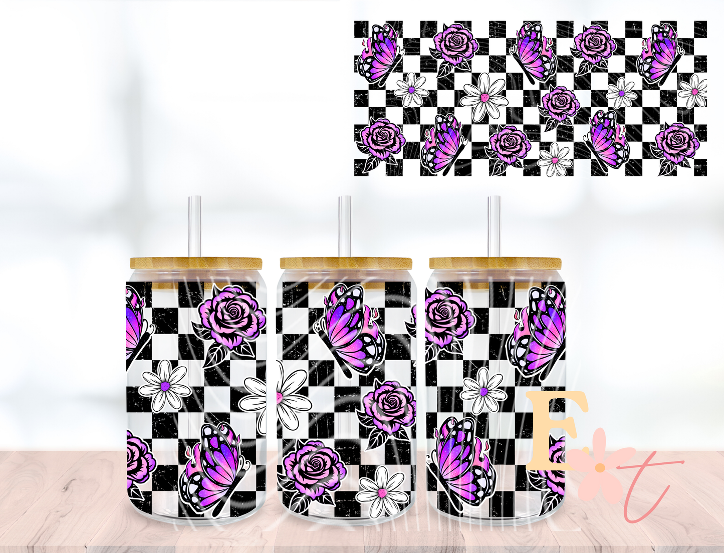 Purple Butterflies UV DTF wrap for 16oz Libbey glass