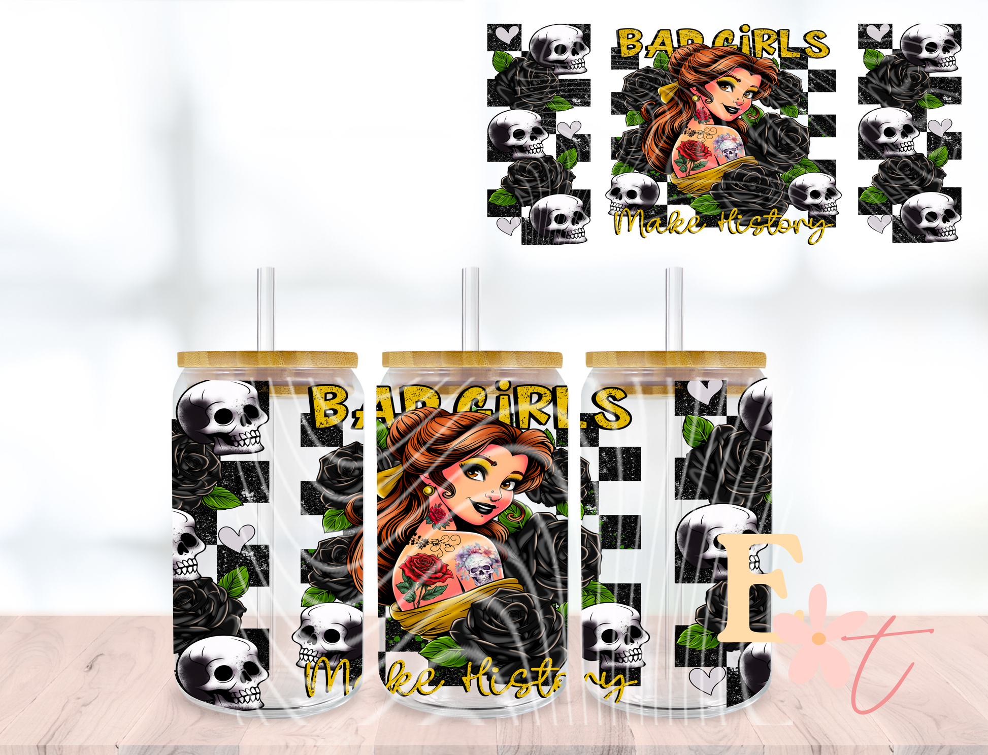 BW Cow Skull Girl 20oz Tumbler Sublimation Wrap UV DTF wrap for 16oz Libbey glass