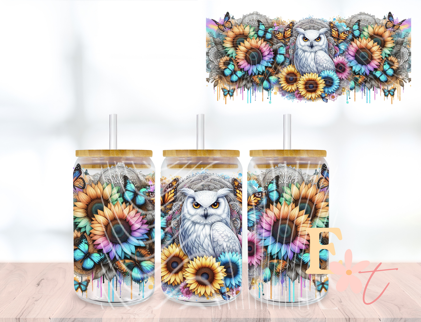 Floral Owl 16oz Libbey UV DTF Wrap