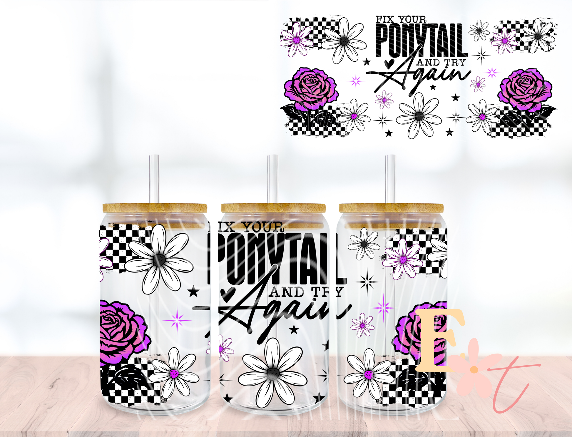 Fix Your Ponytail UV DTF wrap for 16oz Libbey glass