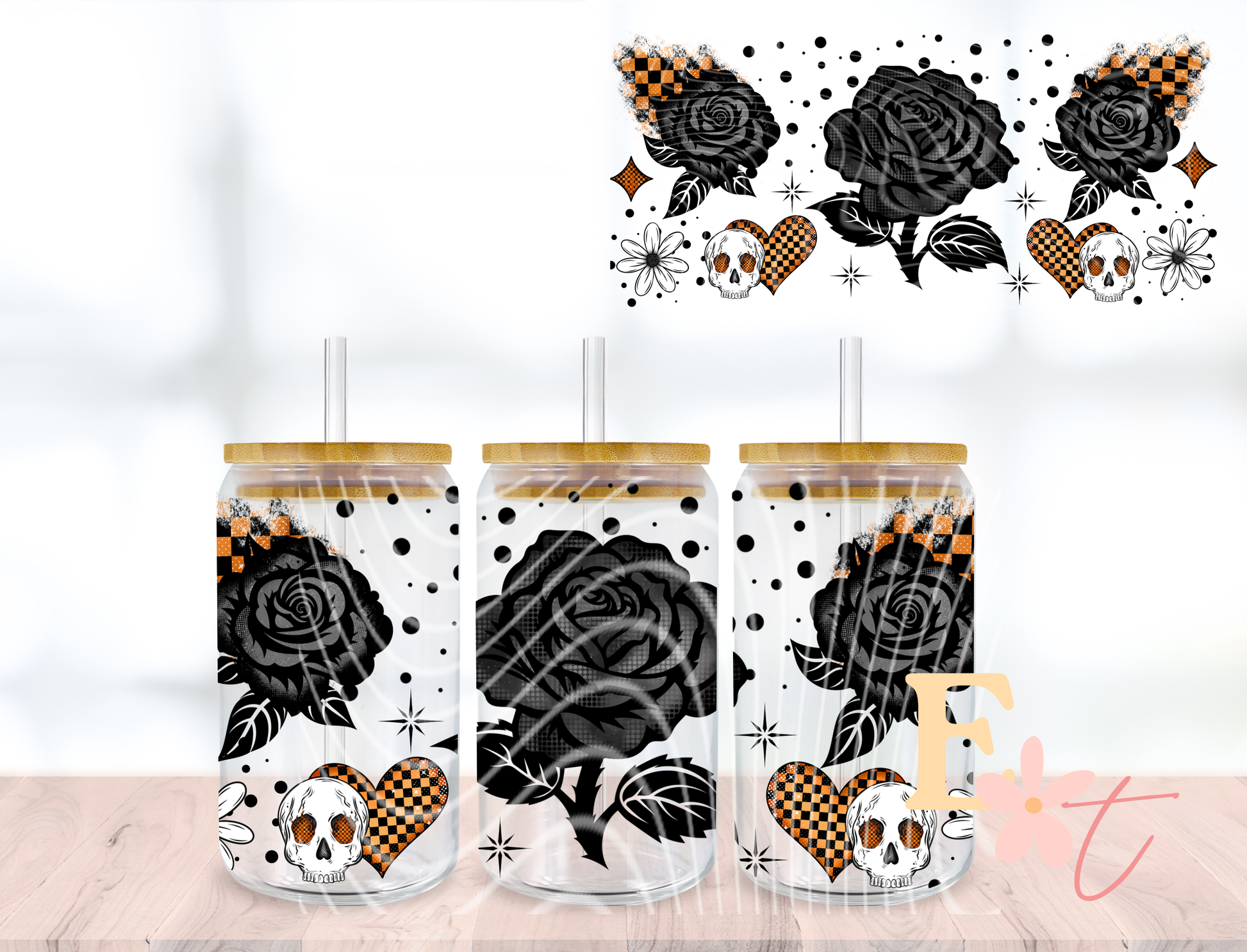 Dark Floral UV DTF wrap for 16oz Libbey glass