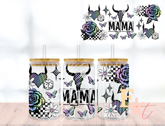 Mama Bull Skull UV DTF wrap for 16oz Libbey glass