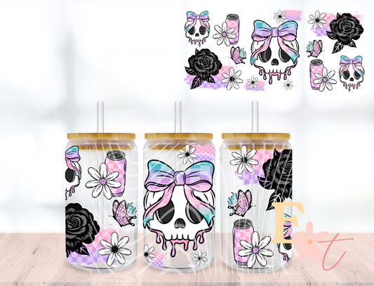 Pastel Bow Skull UV DTF wrap for 16oz Libbey glass