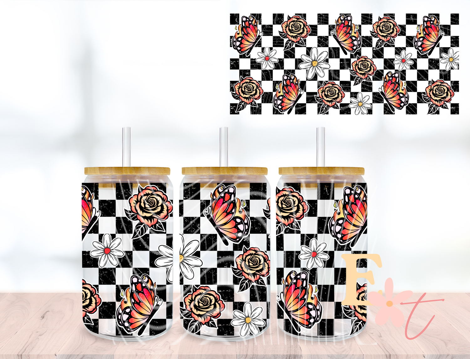 Orange Butterflies UV DTF wrap for 16oz Libbey glass