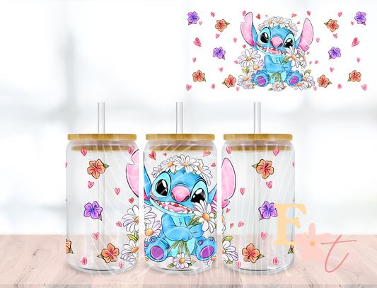 Floral Blue Monster 16oz Libbey UV DTF Wrap